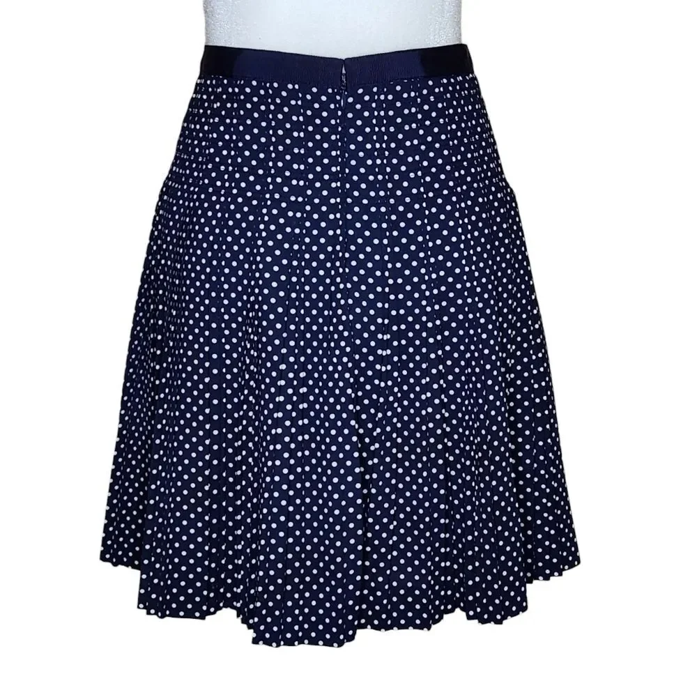 J. Crew Navy White Polka Dot Pleated Knee Length Skirt Women's 8 Preppy Academia